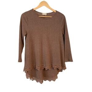 ALTAR'D STATE Brown Pullover Lace Hem Top | S